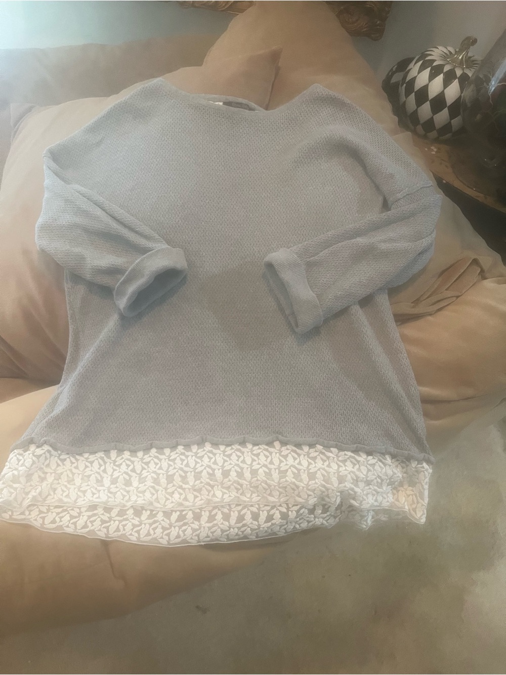 Olivia Sky Light Gray Knit Top with Lace Hem